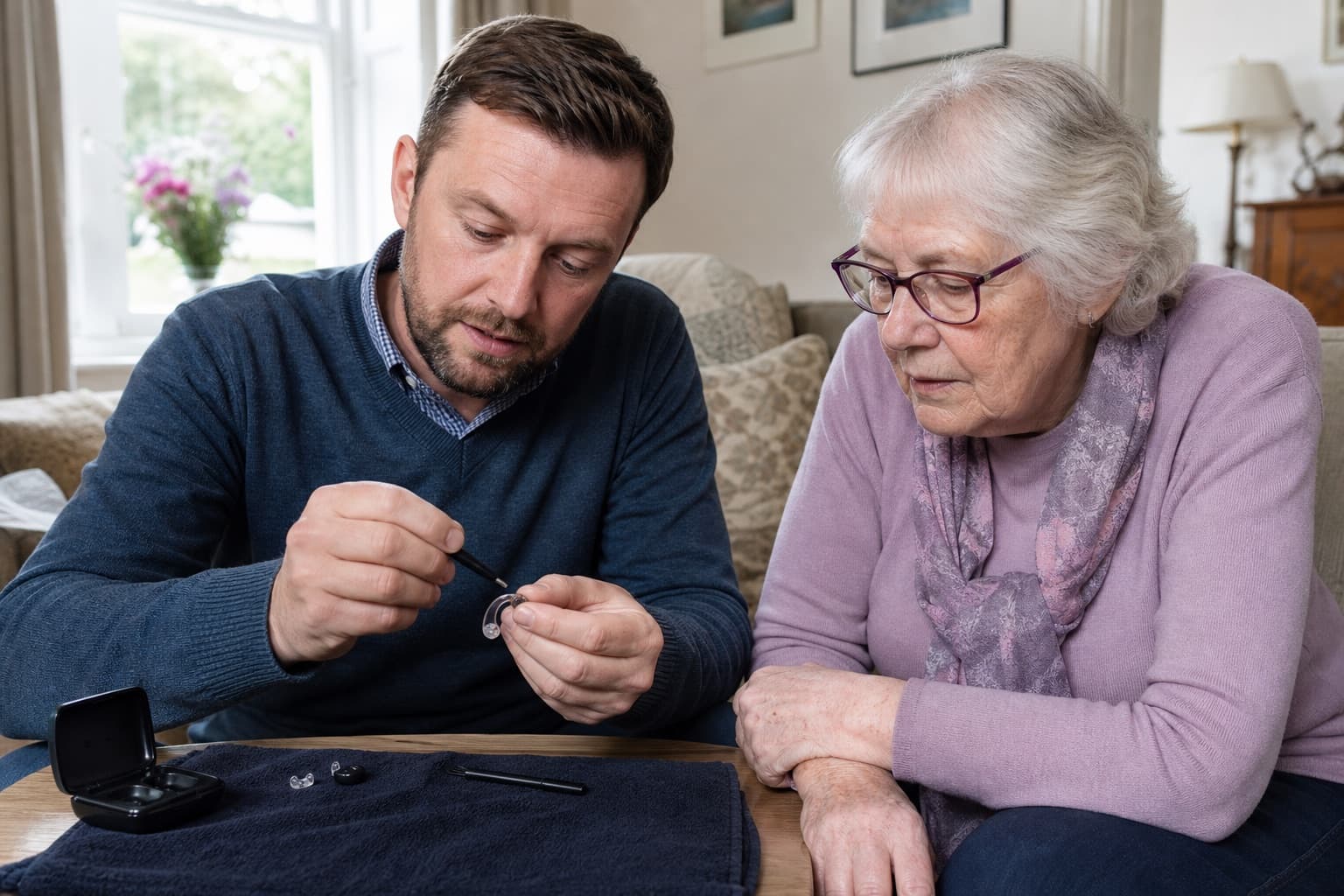 Audiologist showing an older woman how to maintain her receiver-in-canal hearing aid during a home visit