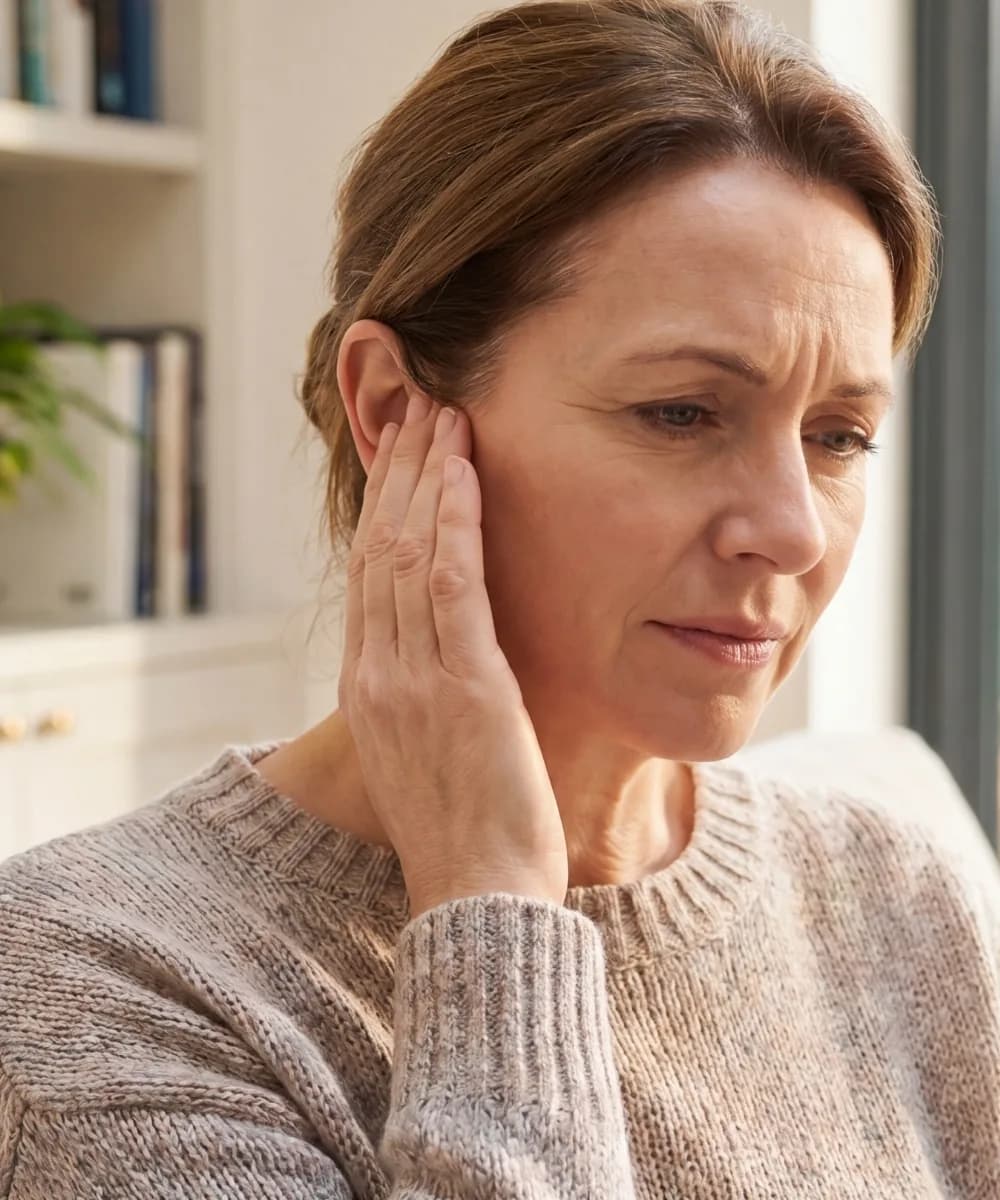 Adult at home holding one ear as if it feels blocked