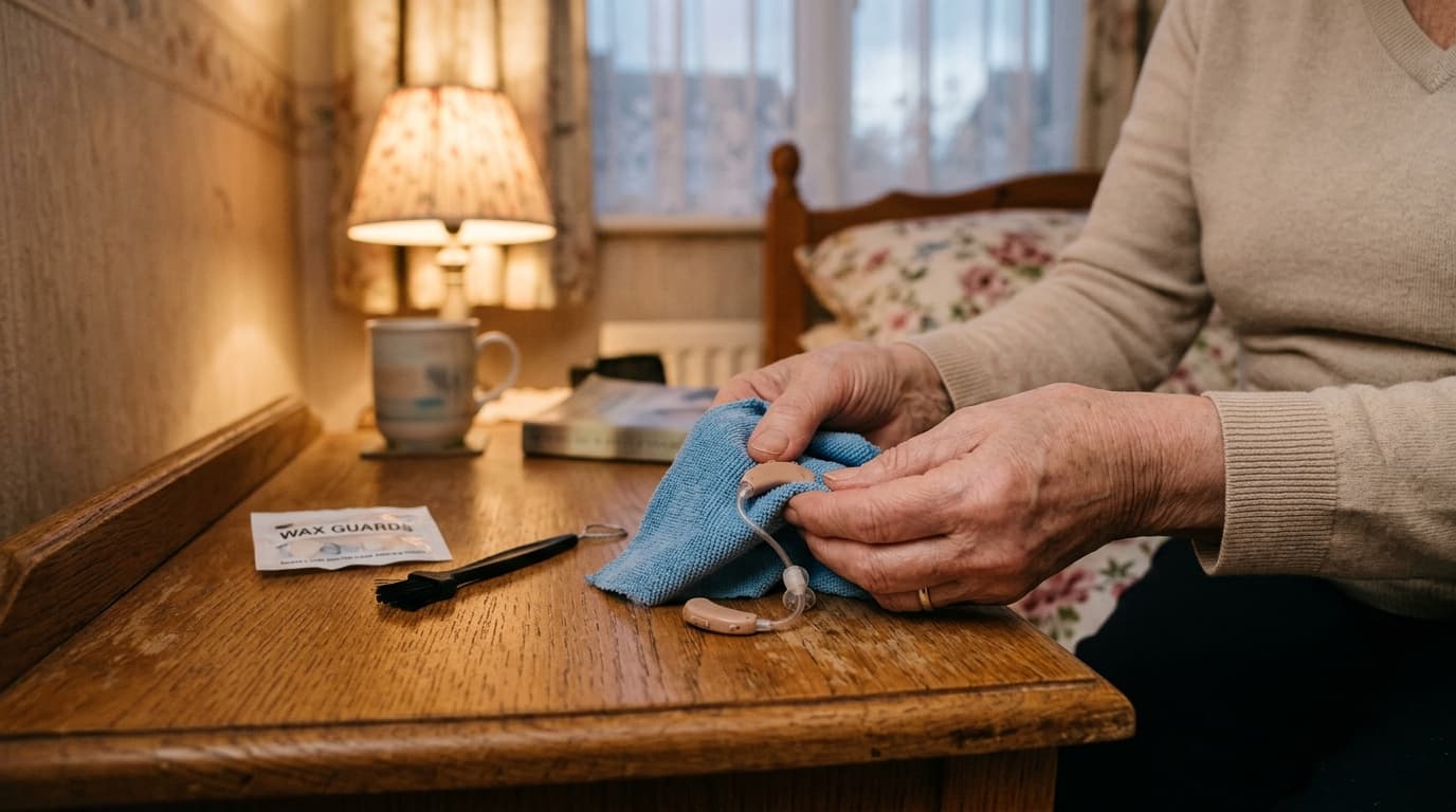 Older woman cleaning a hearing aid with a lint-free cloth as part of a daily hearing aid care routine