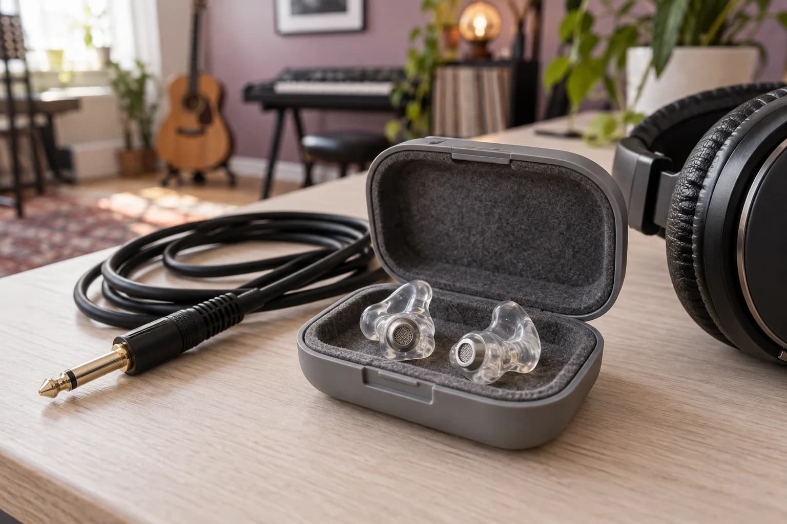 Custom musician earplugs in their case beside headphones in a home music room