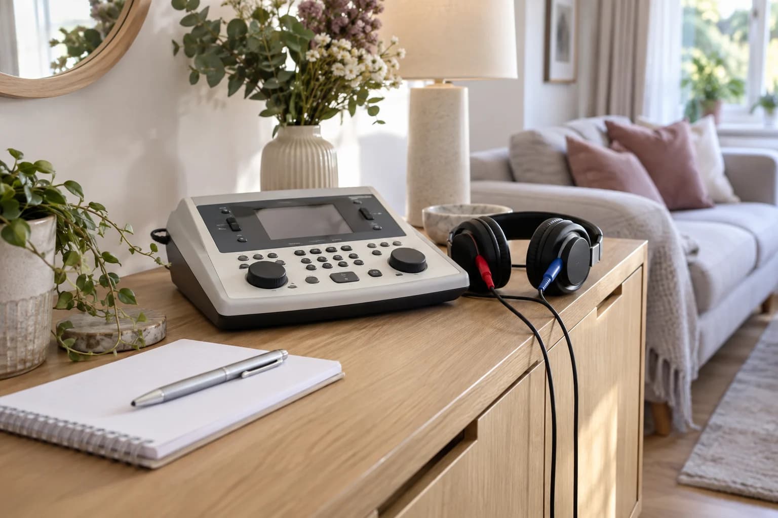 Portable audiometer and red-and-blue testing headphones in a bright modern living room