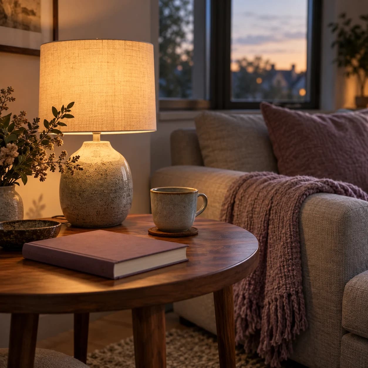 A warm lamp, book and cup beside a sofa in a calm modern living room at dusk