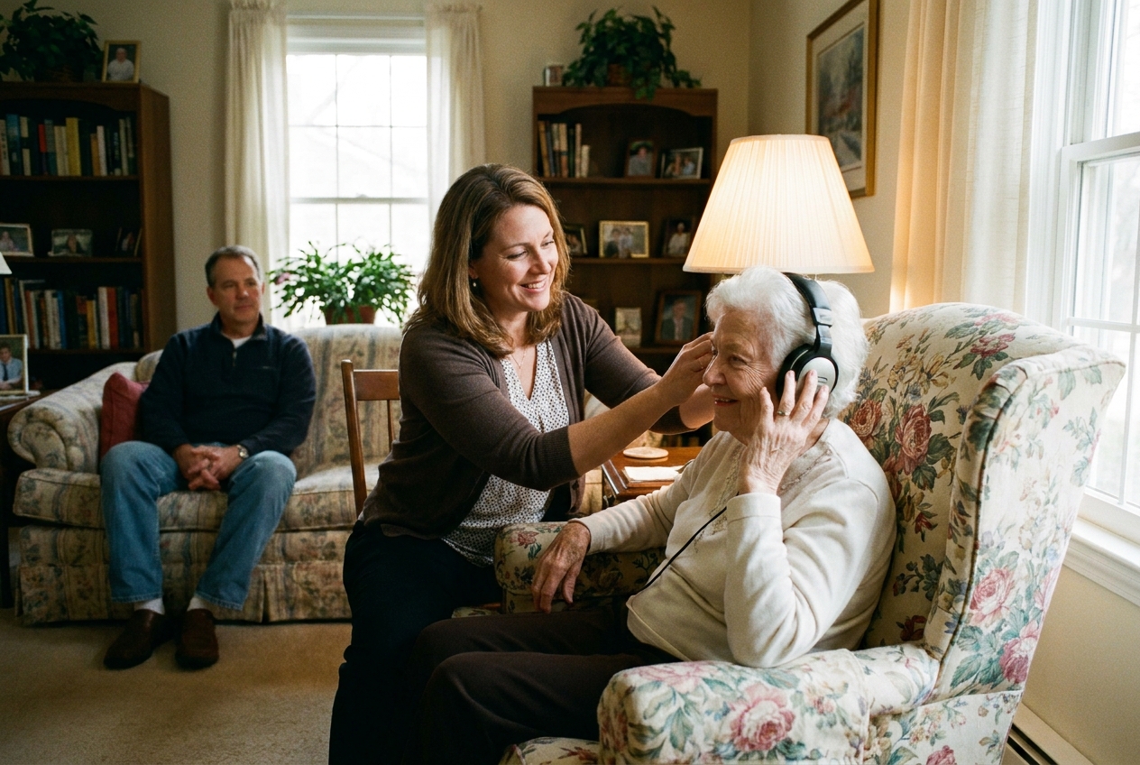 Audiologist conducting a home hearing test with an older woman in her living room, family member present