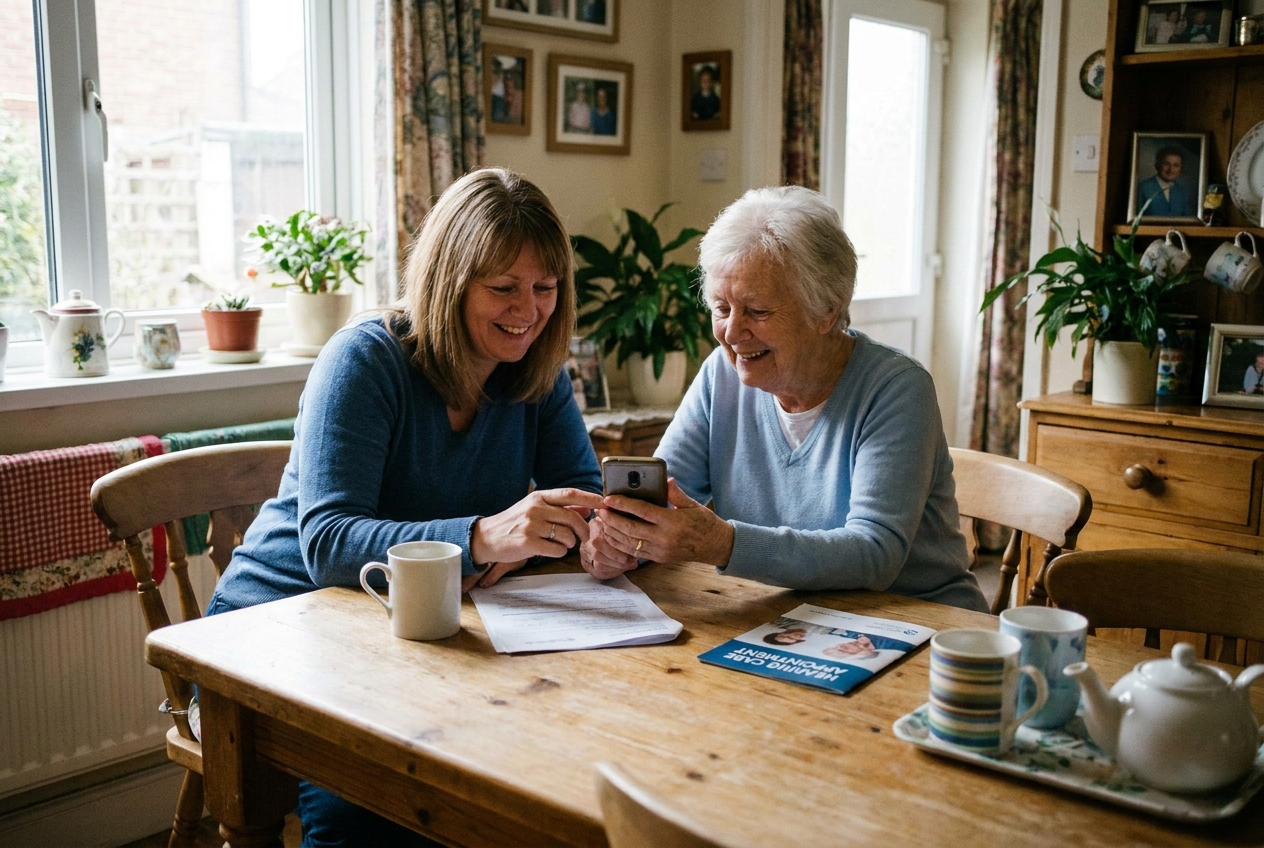 Adult daughter helping her elderly mother book a home hearing test over the phone