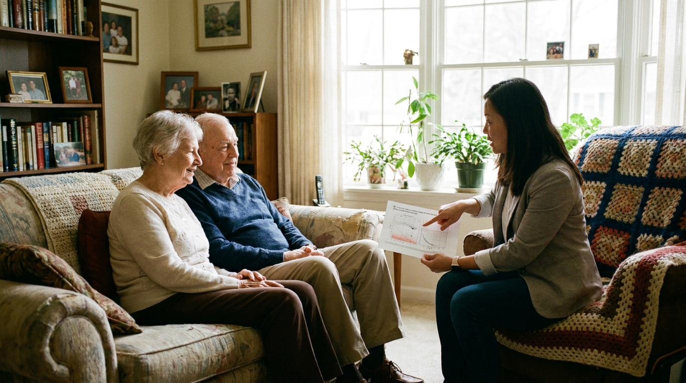 Audiologist explaining home hearing test results to an older patient and their partner