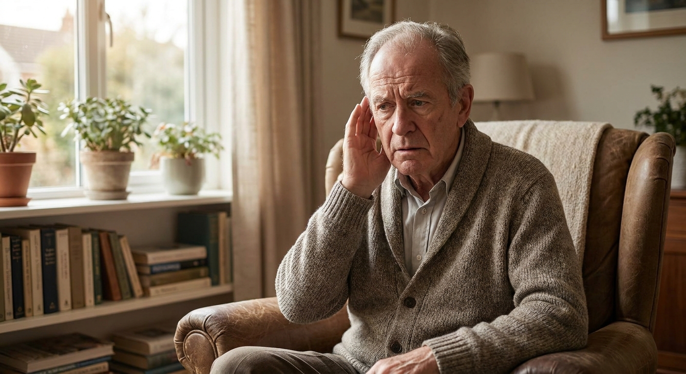 Older adult experiencing muffled hearing possibly caused by ear wax build-up