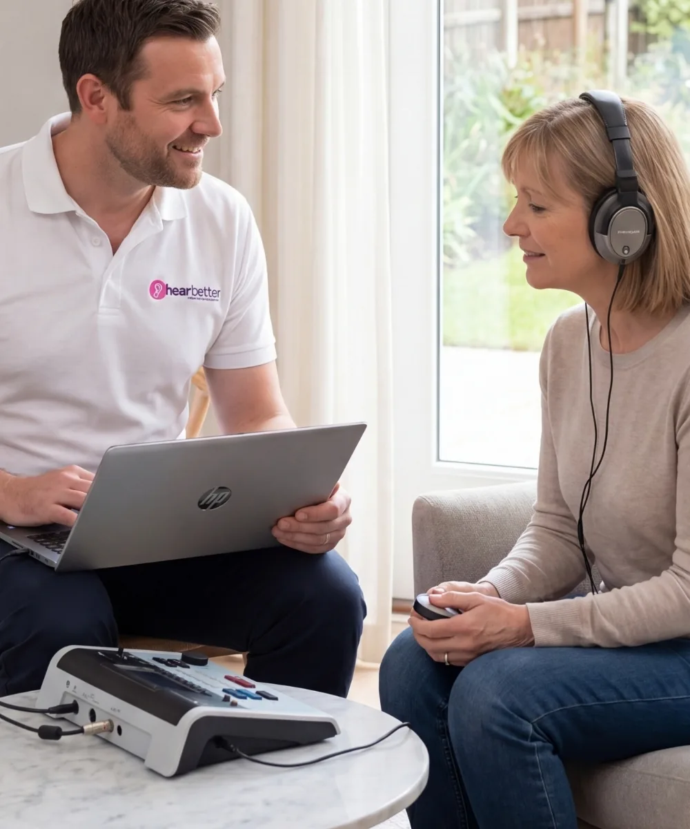 Audiologist carrying out a home hearing test with a patient