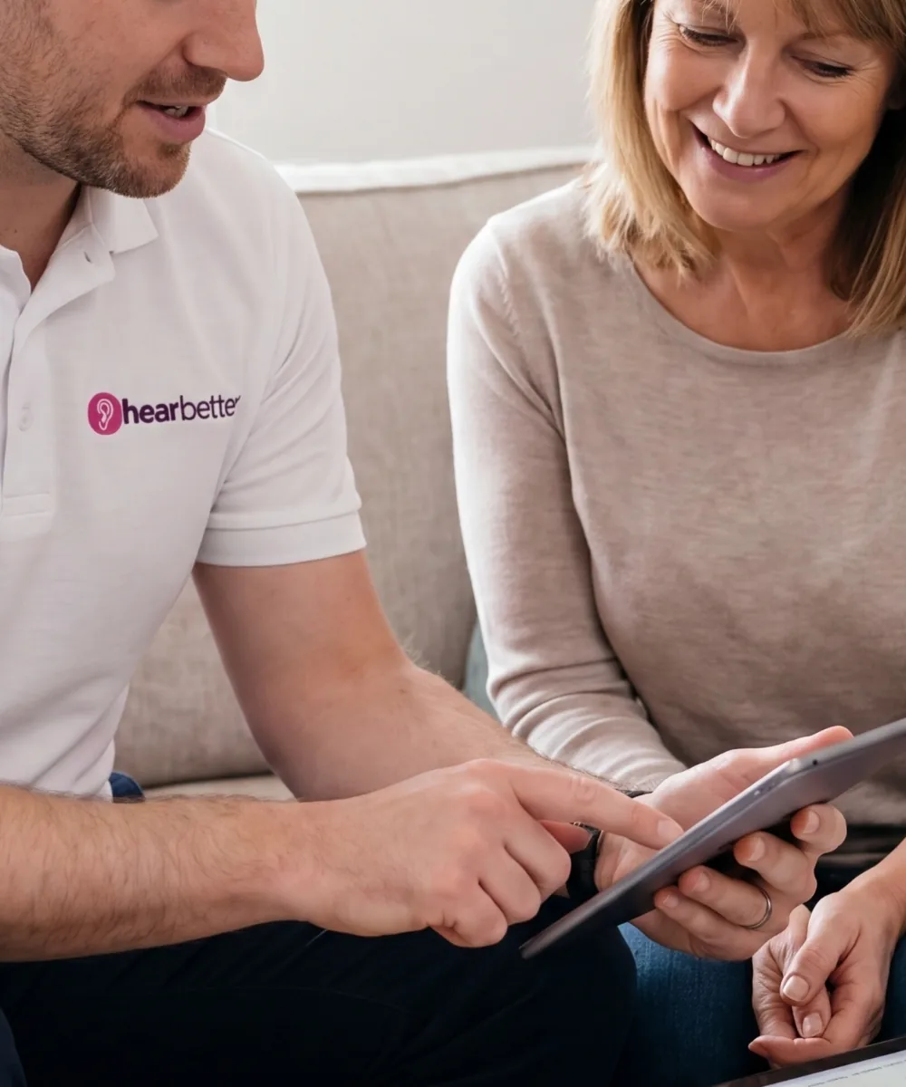 Audiologist explaining home hearing test results to a patient