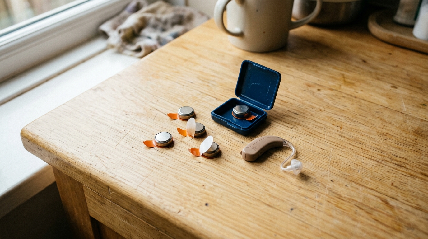 Zinc-air hearing aid batteries with tab removed beside a hearing aid and storage case for proper battery care