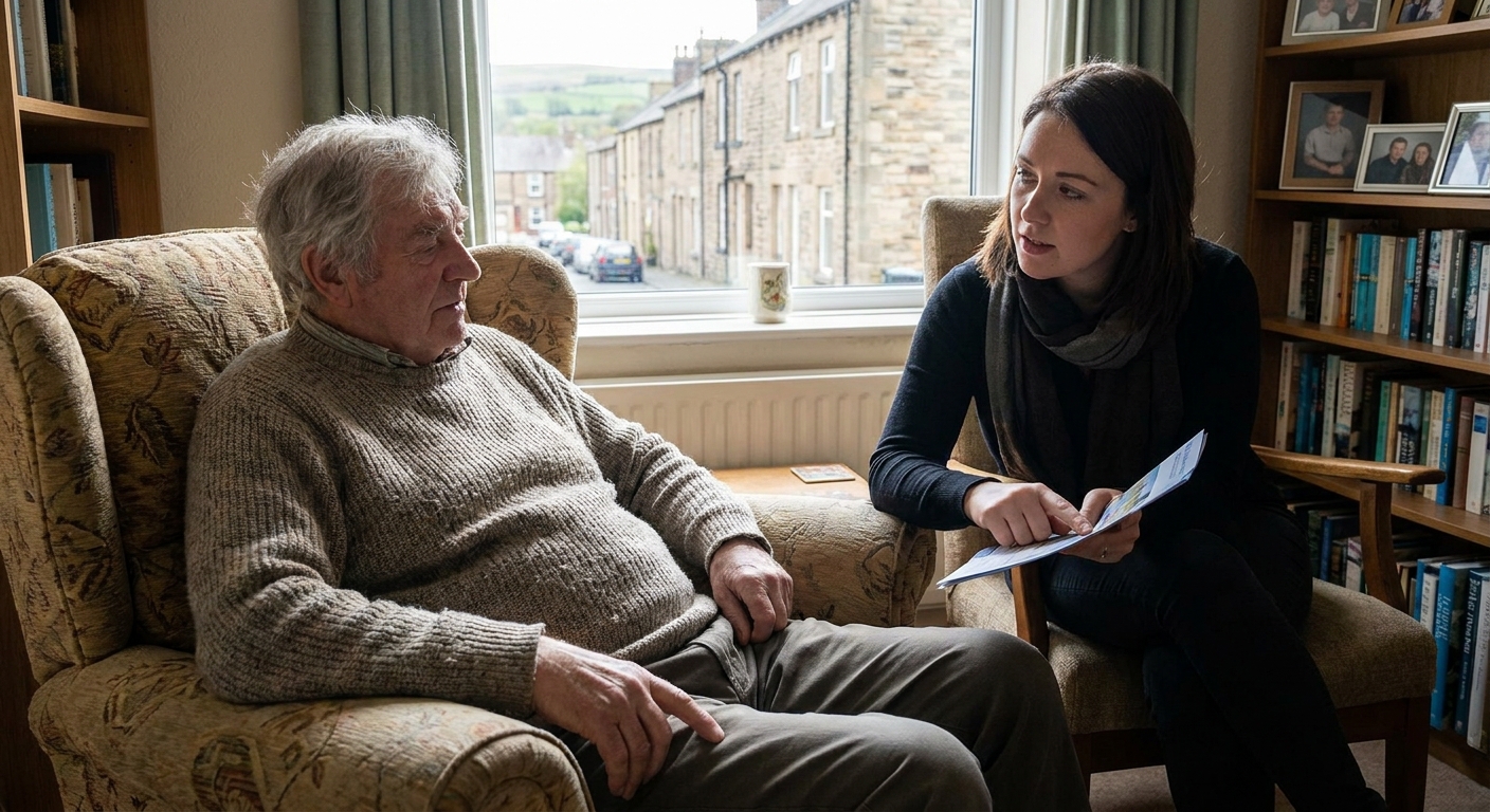 Mobile audiologist explaining microsuction ear wax removal to a patient at home in the North East