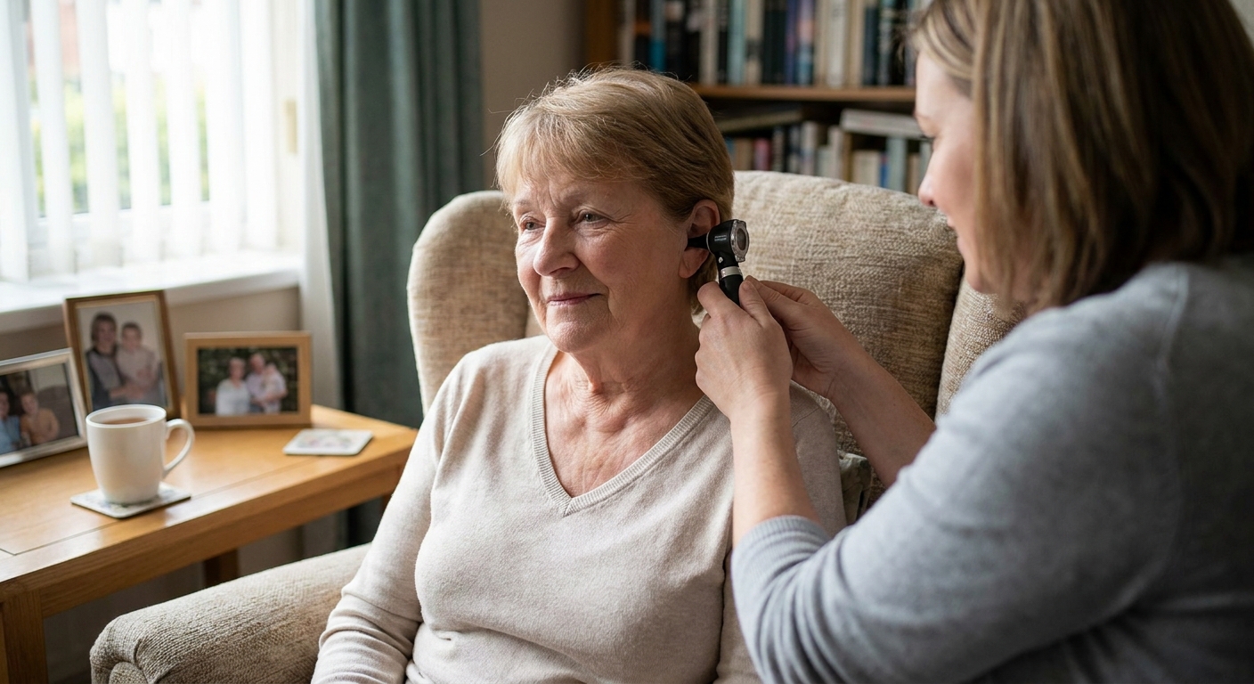 Microsuction ear wax removal being carried out at home, close up of a relaxed patient during a home appointment
