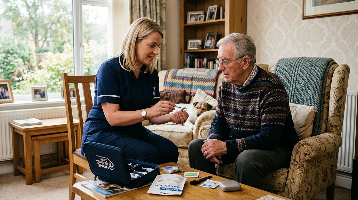 Private mobile audiologist showing a patient how to care for their hearing aid during a home visit in the North East